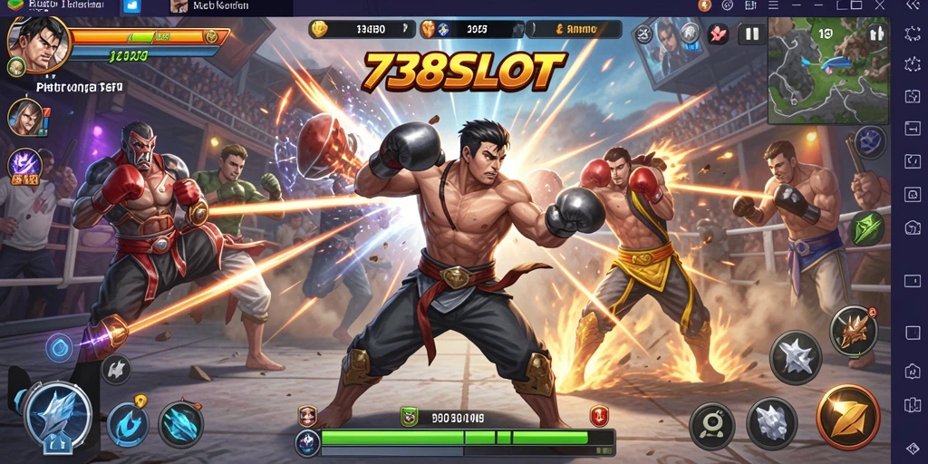 Gameplay 738SLOT yang menampilkan pertarungan seru antar karakter.