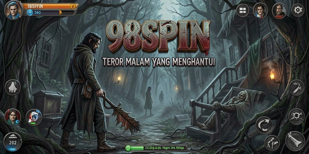 Screen utama gameplay 98SPIN dengan suasana gelap dan mencekam.