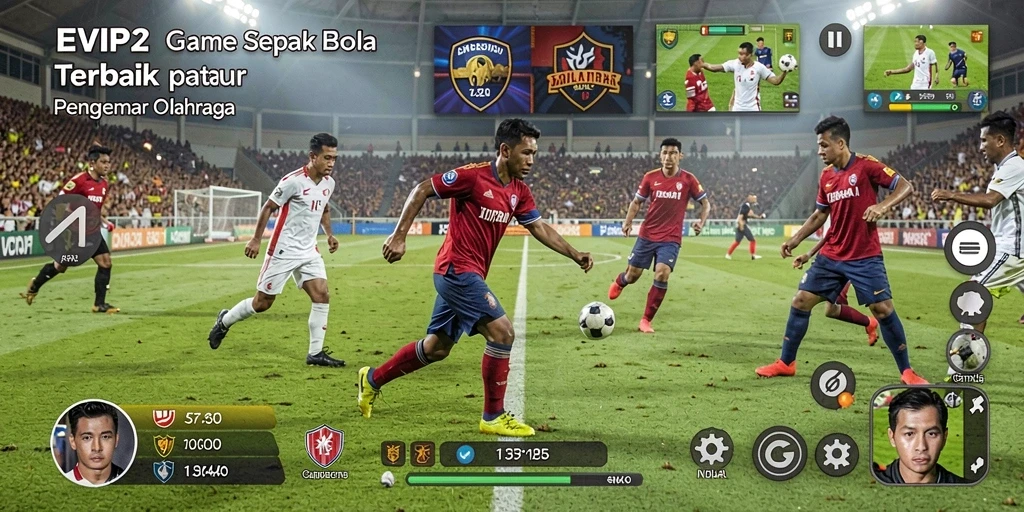 Screenshot utama <strong>EVIP2</strong> menampilkan aksi seru dalam permainan sepak bola.