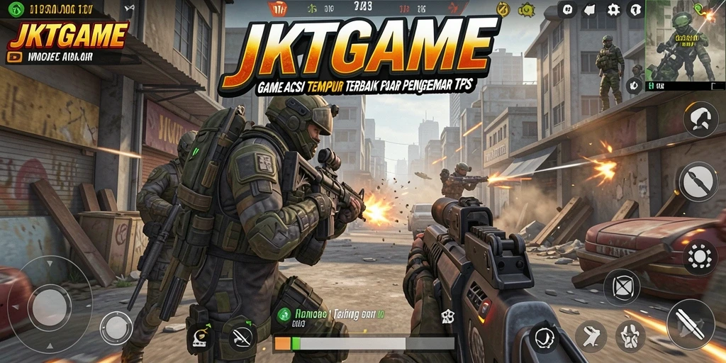 Screenshot utama JKTGAME menampilkan aksi pertempuran yang seru.