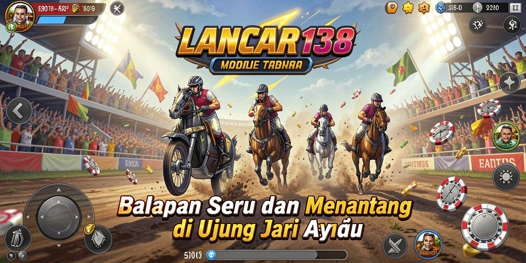 Screenshot gameplay LANCAR138 dengan mobil balap yang melaju cepat di trek.