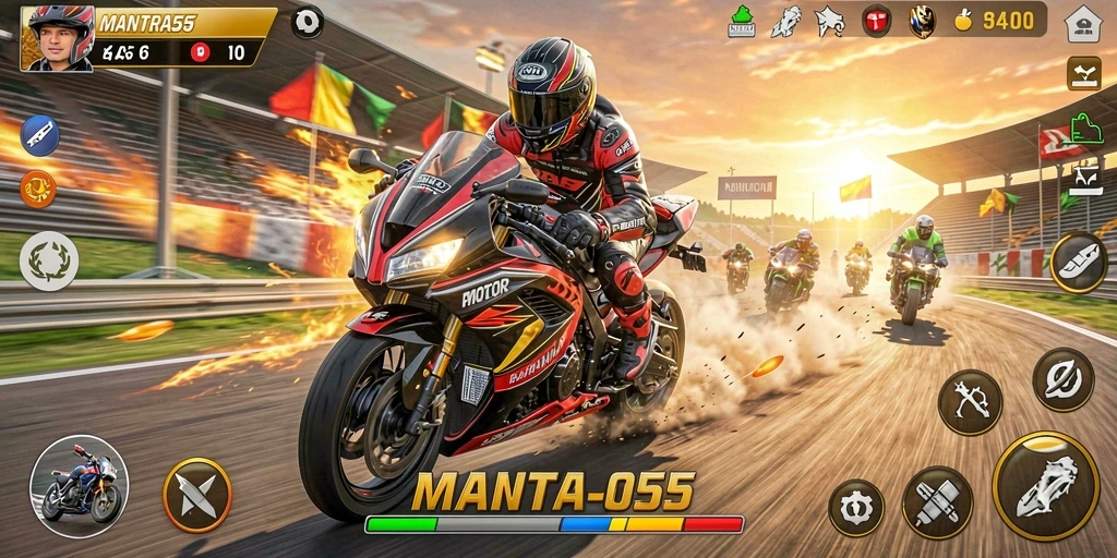 Tangkapan layar menampilkan aksi balapan seru di MANTRA55.