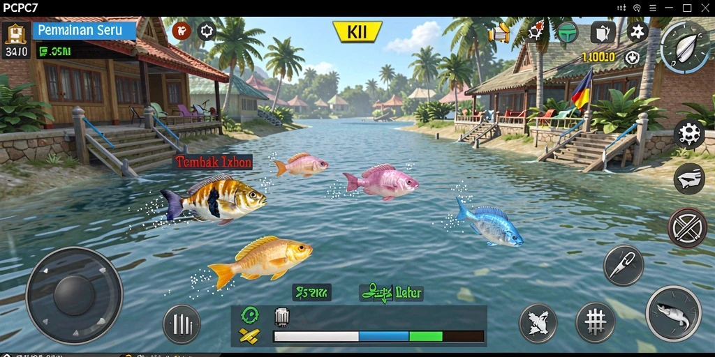 Tampilan gameplay PCPC7 saat menembak ikan berwarna-warni.