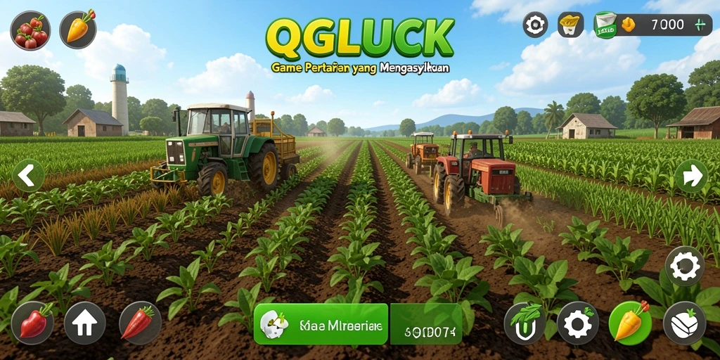 Tampilan gameplay QGLUCK yang menarik dengan ladang dan hewan peliharaan.