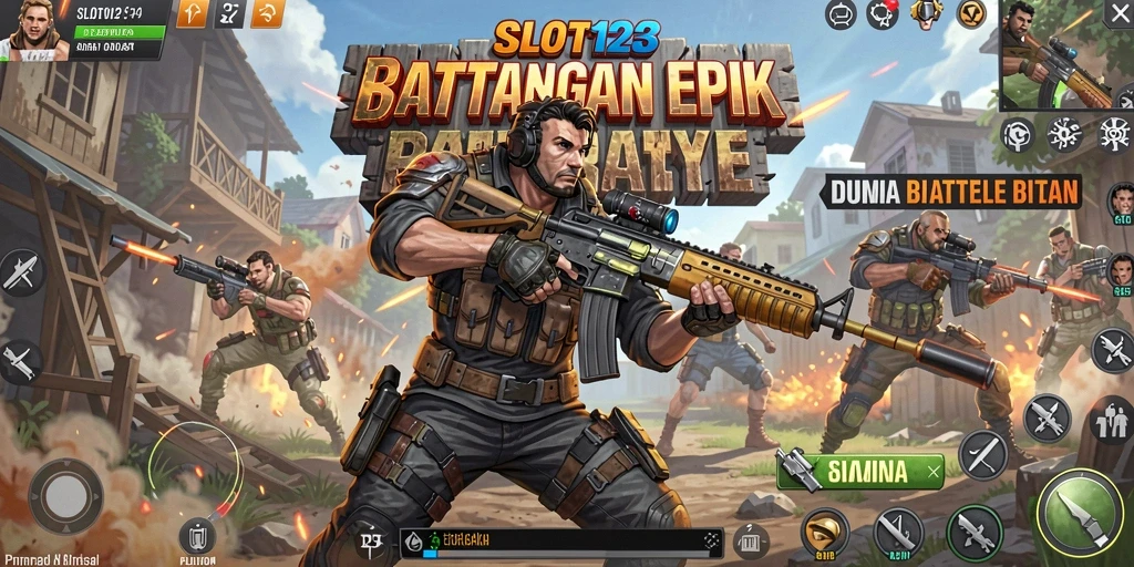Screenshot utama SLOT123 menampilkan momen aksi seru dalam pertempuran Battle Royale.