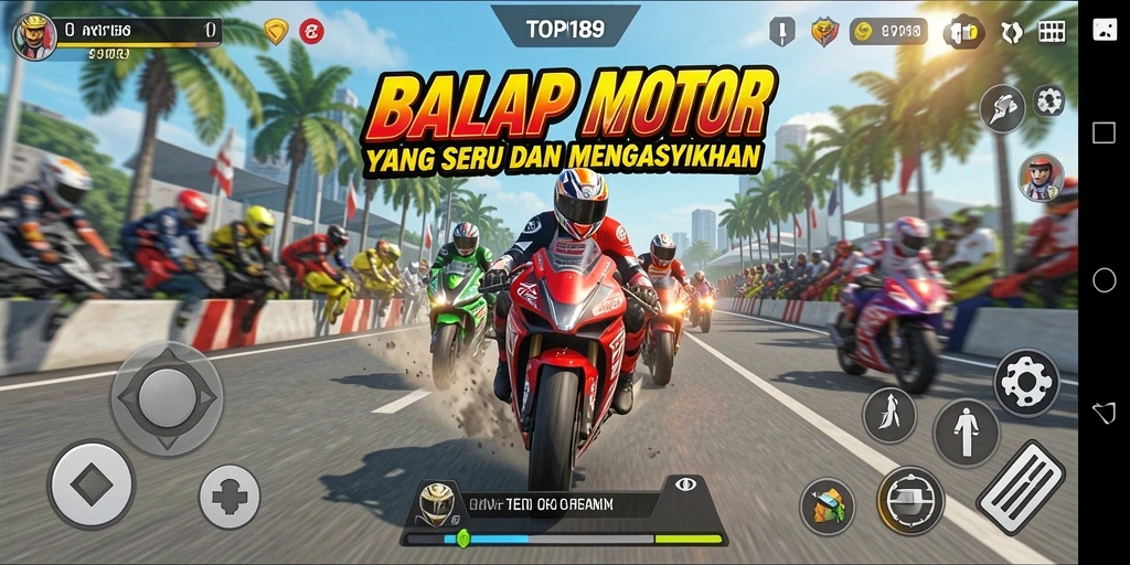 Tampilan seru gameplay TOPI189 dengan balapan motor yang mendebarkan.