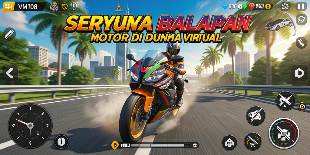 Tampilan gameplay menegangkan dengan balapan motor yang seru.